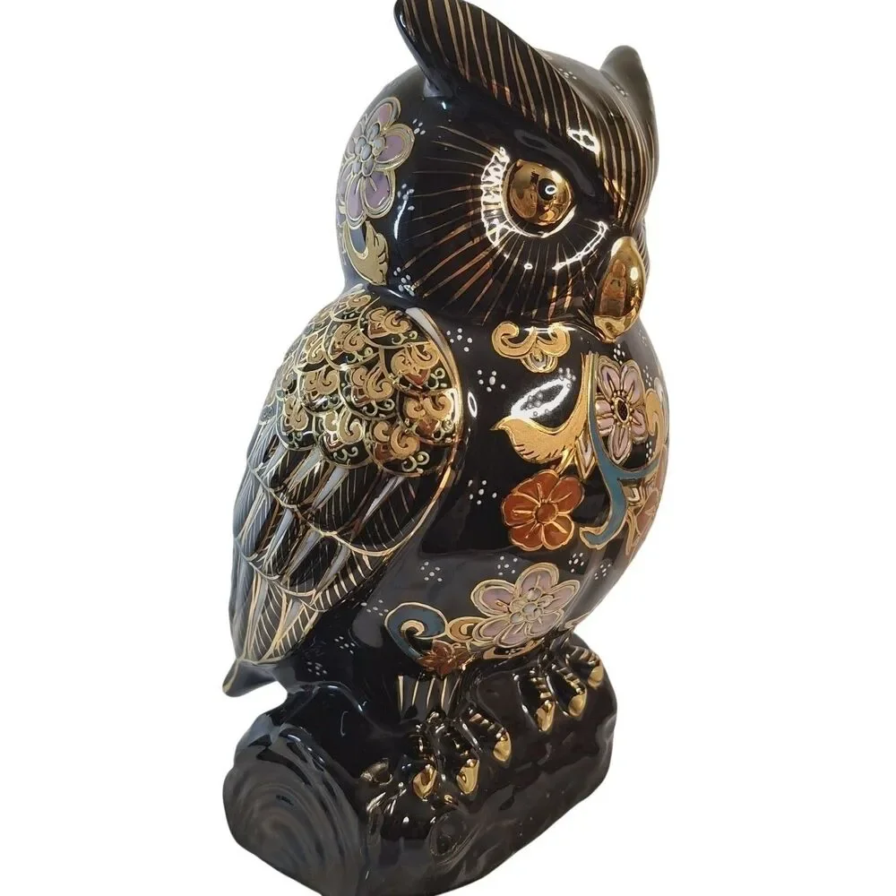Japanese Kutani Owl Porcelain Figurine Mori Gold Painted Fukuro Lucky Owl Vintag